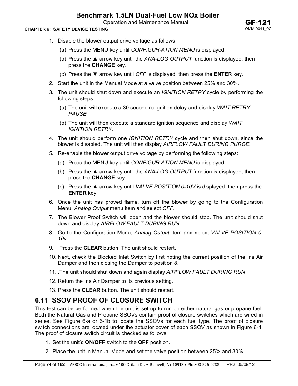 11 ssov proof of closure switch, Benchmark 1.5ln dual-fuel low nox boiler, Gf-121 | AERCO BMK 1.5 LN Dual Fuel Feb 2013 User Manual | Page 74 / 162