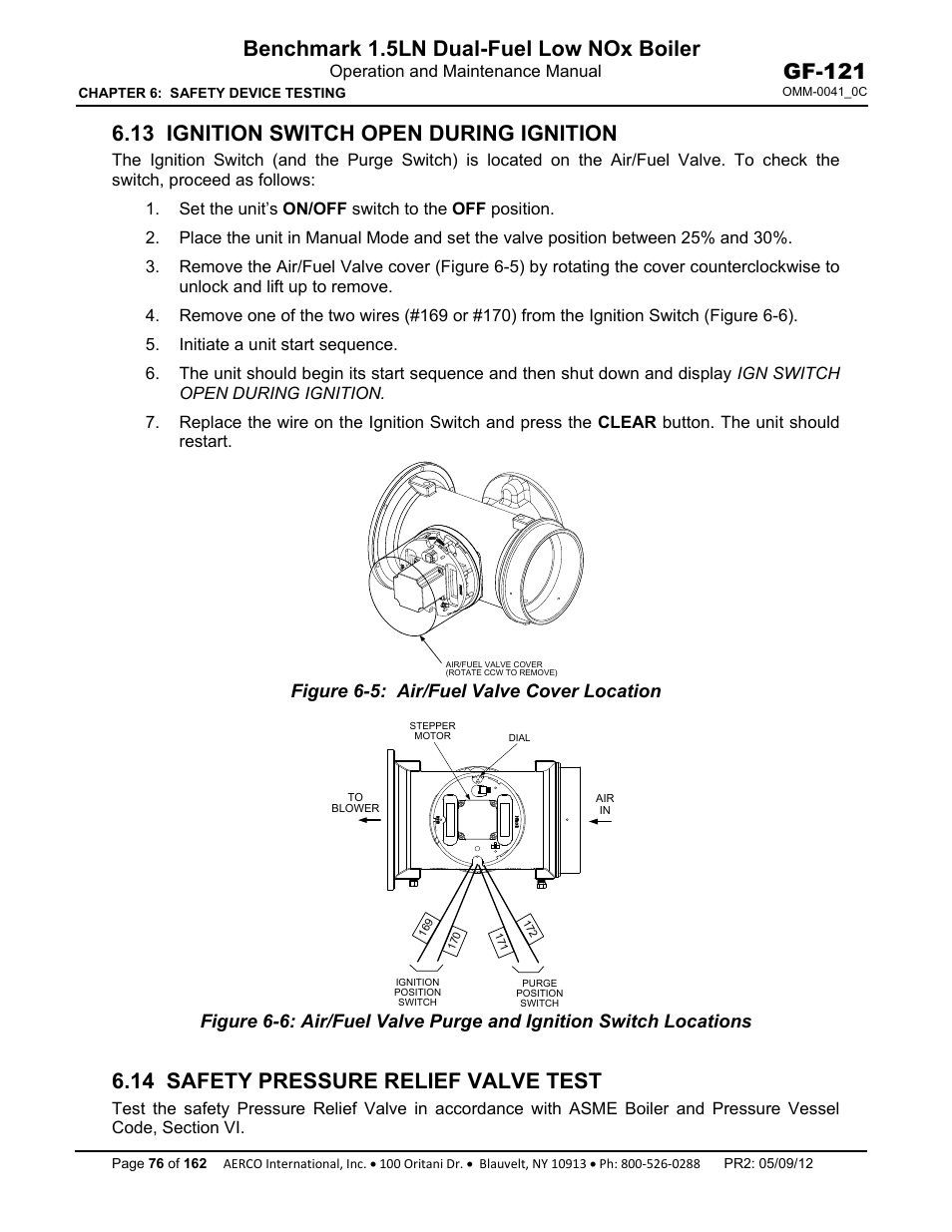 13 ignition switch open during ignition, 14 safety pressure relief valve test, Benchmark 1.5ln dual-fuel low nox boiler | Gf-121, Figure 6-5: air/fuel valve cover location | AERCO BMK 1.5 LN Dual Fuel Feb 2013 User Manual | Page 76 / 162
