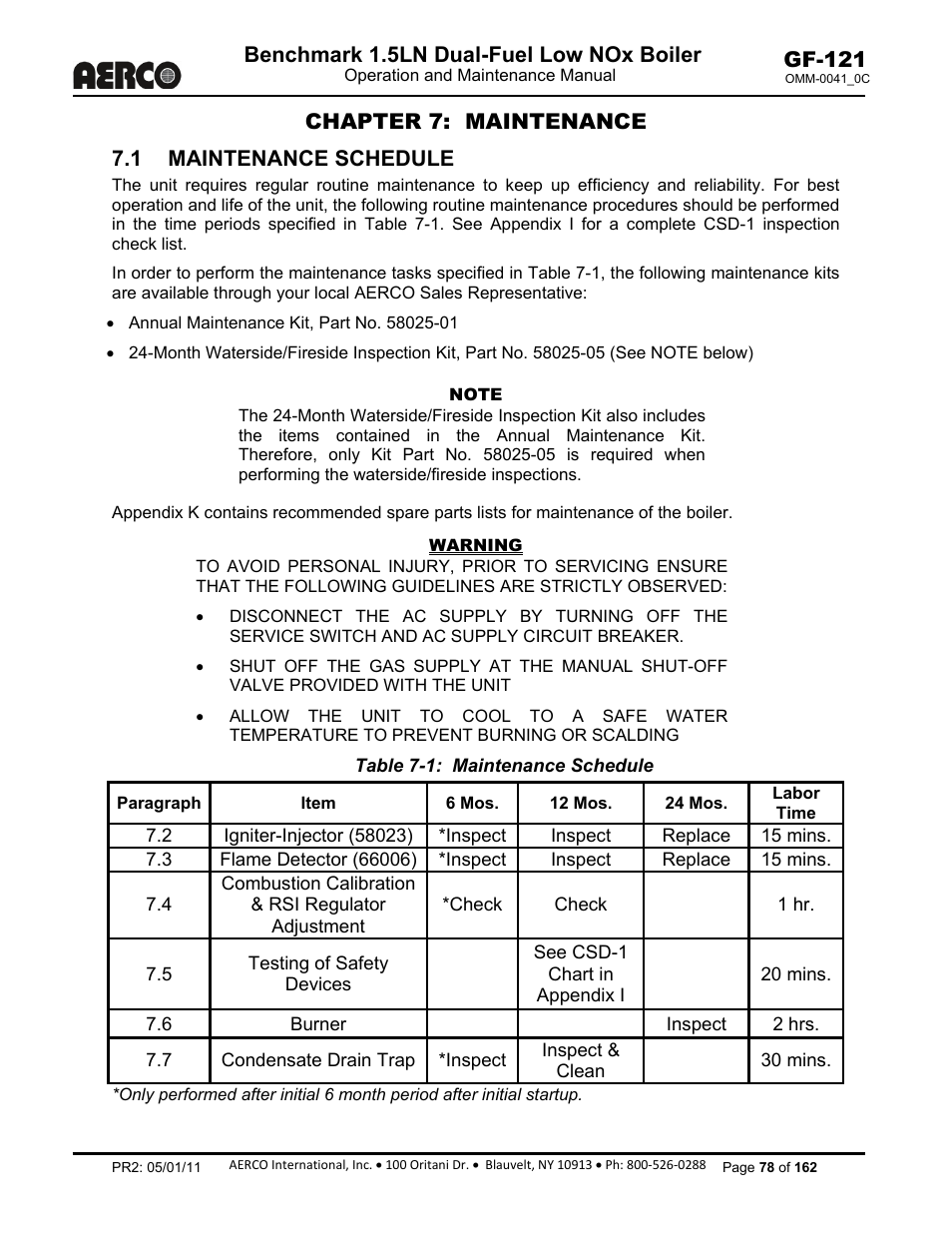 Chapter 7: maintenance, Chapter 7, 1 maintenance schedule | Benchmark 1.5ln dual-fuel low nox boiler, Gf-121, Chapter 7: maintenance 7.1 maintenance schedule | AERCO BMK 1.5 LN Dual Fuel Feb 2013 User Manual | Page 78 / 162