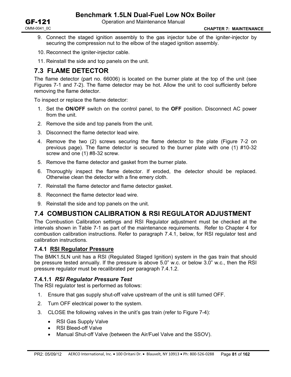 3 flame detector, 1 rsi regulator pressure, 1 rsi regulator pressure test | Benchmark 1.5ln dual-fuel low nox boiler, Gf-121 | AERCO BMK 1.5 LN Dual Fuel Feb 2013 User Manual | Page 81 / 162