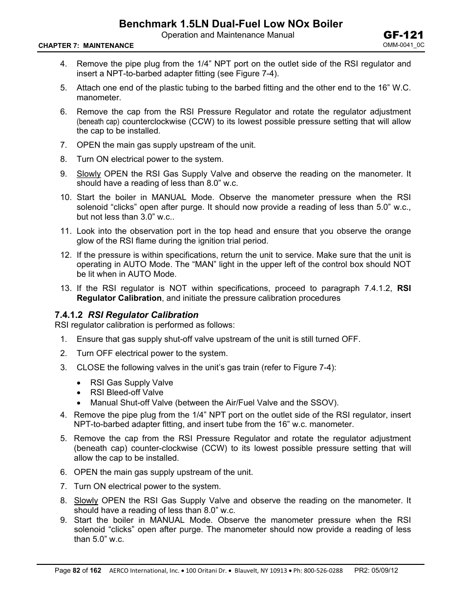 2 rsi regulator calibration, Benchmark 1.5ln dual-fuel low nox boiler, Gf-121 | AERCO BMK 1.5 LN Dual Fuel Feb 2013 User Manual | Page 82 / 162