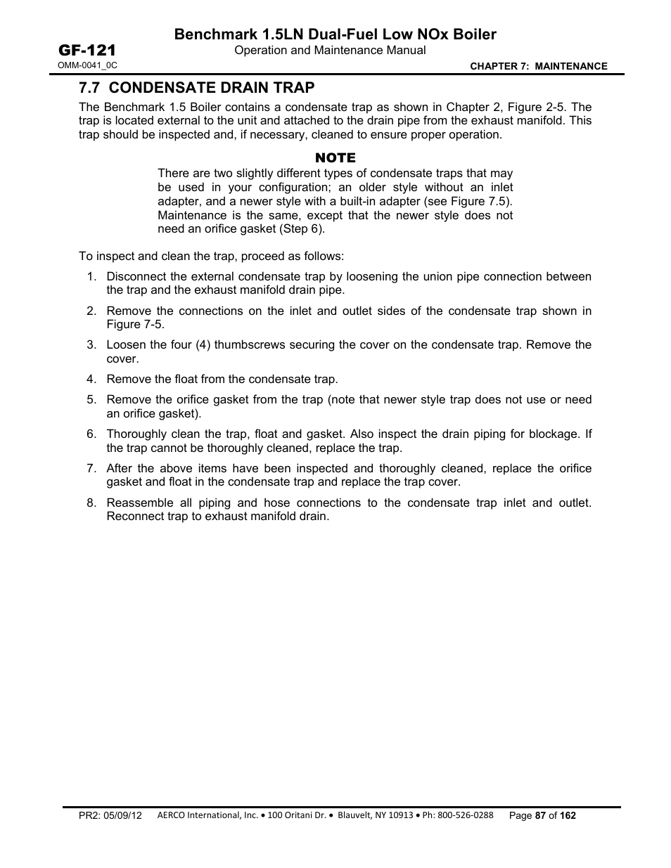7 condensate drain trap, Benchmark 1.5ln dual-fuel low nox boiler, Gf-121 | AERCO BMK 1.5 LN Dual Fuel Feb 2013 User Manual | Page 87 / 162
