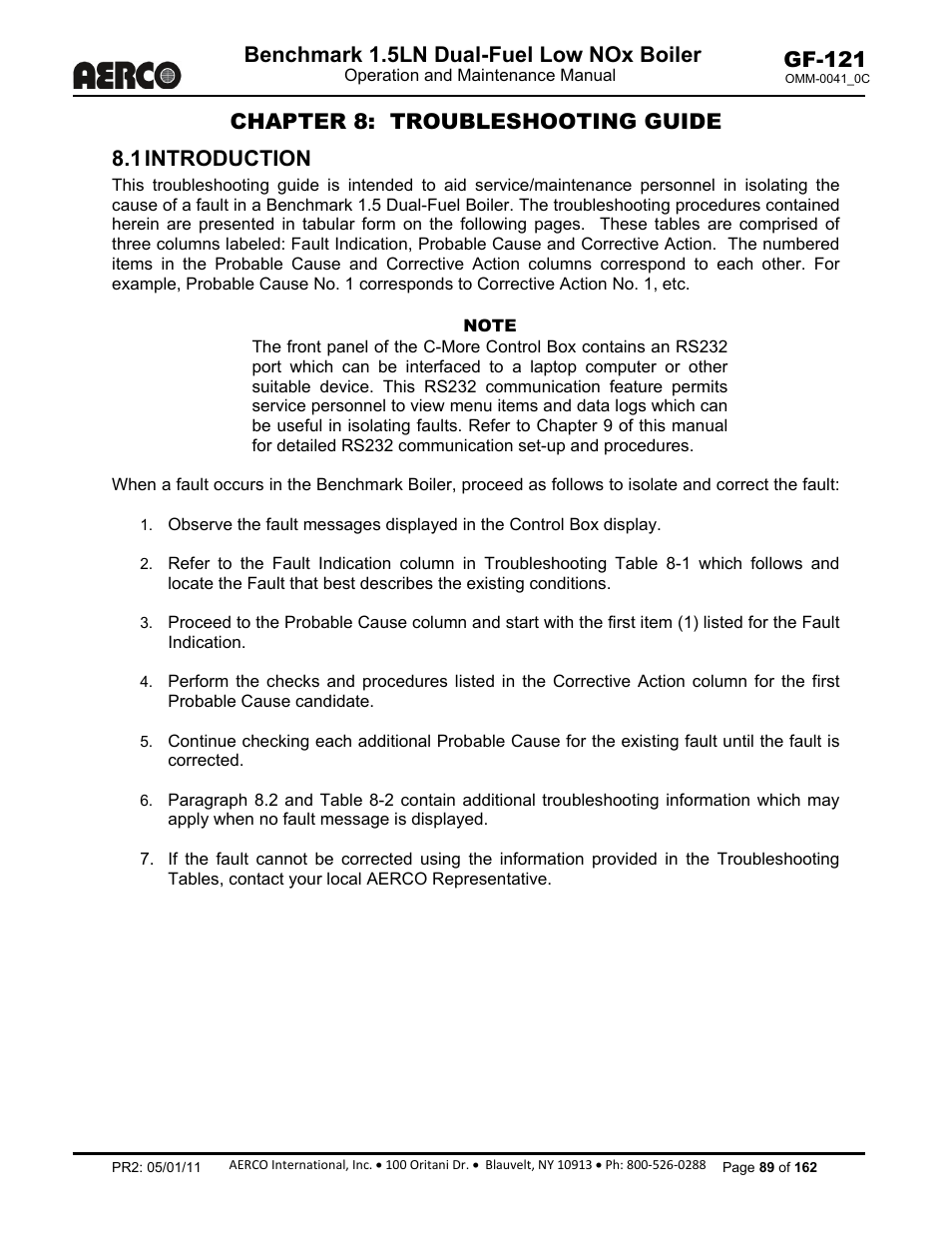 Chapter 8: troubleshooting guide, 1 introduction, Benchmark 1.5ln dual-fuel low nox boiler | Gf-121, Chapter 8: troubleshooting guide 8.1 introduction | AERCO BMK 1.5 LN Dual Fuel Feb 2013 User Manual | Page 89 / 162