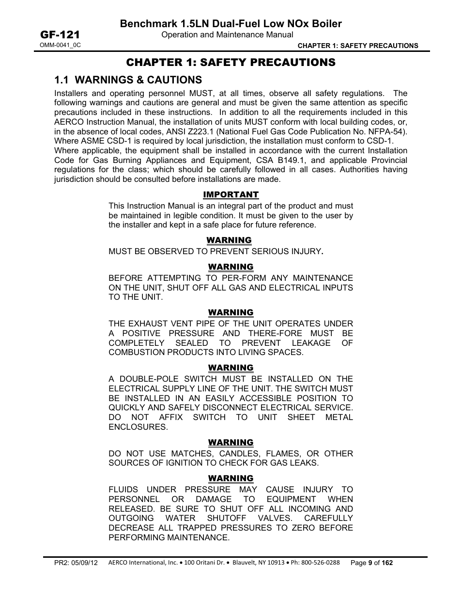 Chapter 1: safety precautions, 1 warnings & cautions, Benchmark 1.5ln dual-fuel low nox boiler | Gf-121 | AERCO BMK 1.5 LN Dual Fuel Feb 2013 User Manual | Page 9 / 162