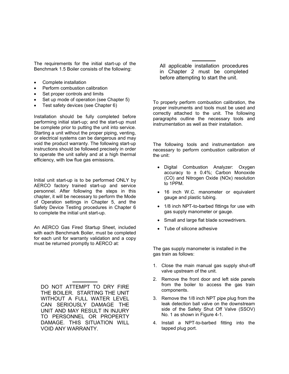 Chapter 4 - initial start-up, Initial start-up, Chapter 4 initial start-up | AERCO BMK 1.5 LN Dual Fuel June 2010 User Manual | Page 33 / 139