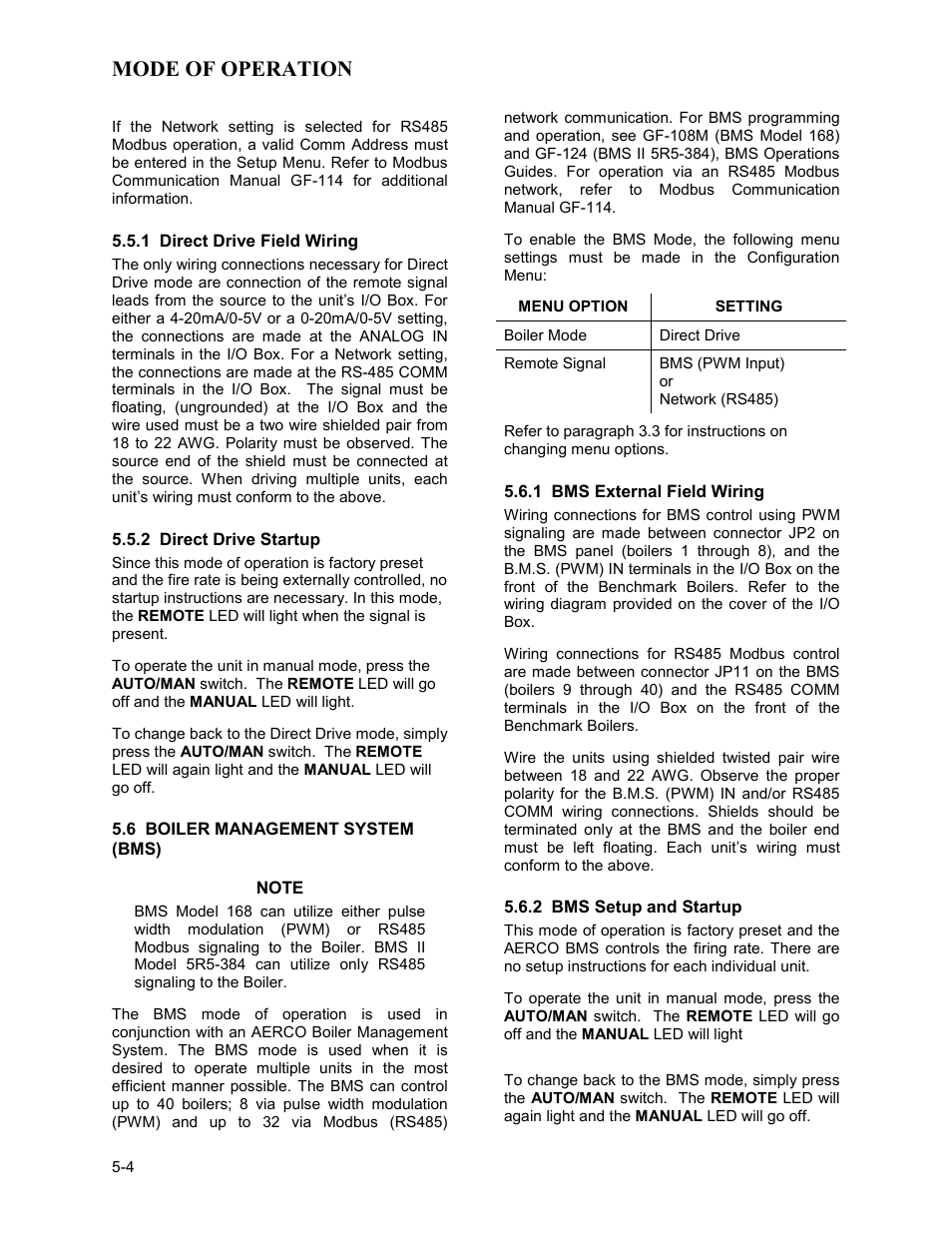 1 boiler management system external field wiring, 2 boiler management system setup and startup, 6 combination control system (ccs) | 1 combination control system field wiring, 2 combination control system setup and startup, Mode of operation | AERCO BMK 2.0 LN for Mass. only User Manual | Page 42 / 114