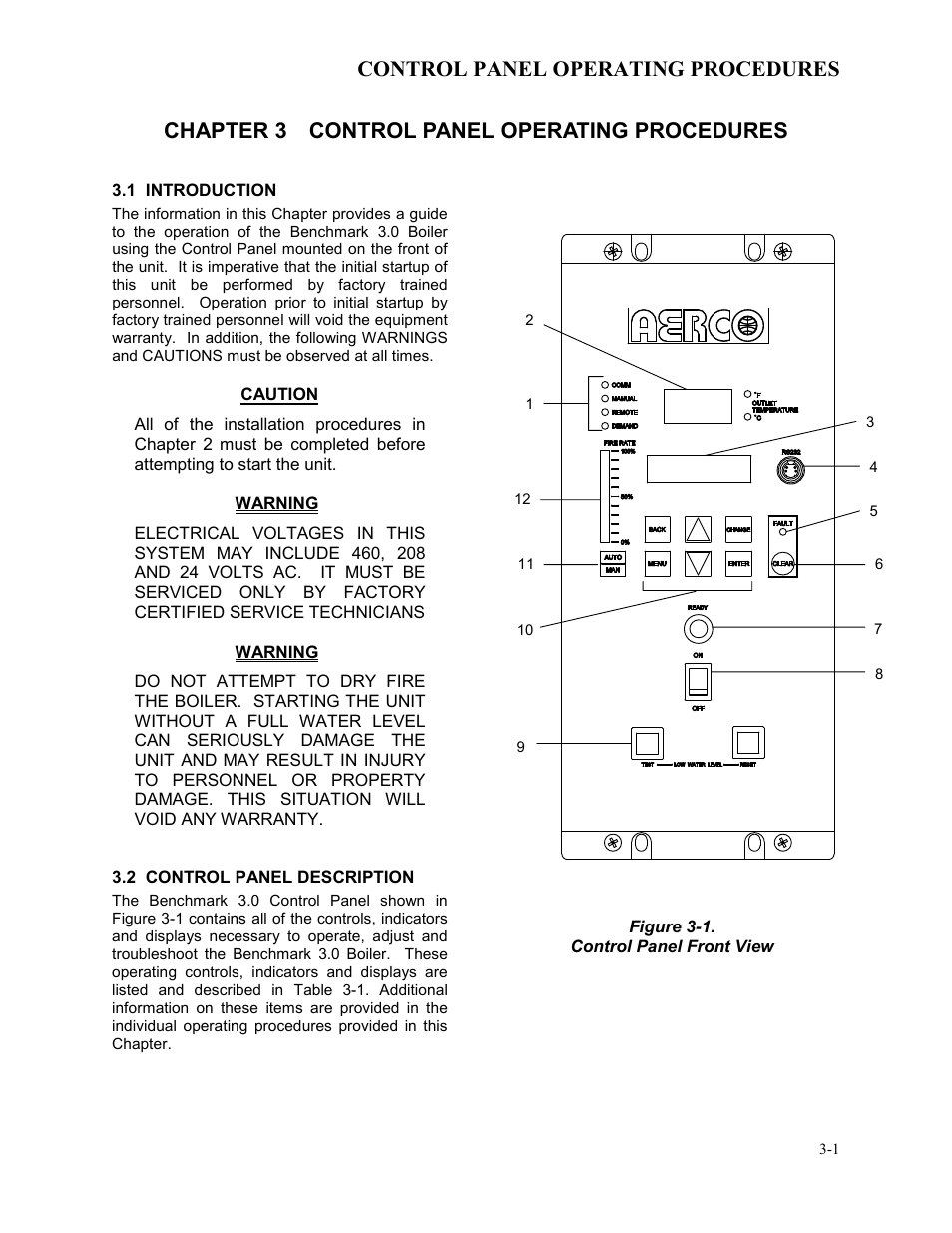 Chapter 3 control panel operating procedures, 1 introduction, 2 control panel description | Control panel operating procedures | AERCO BMK 3.0 LN Dual-Fuel Series Gas Fired Low NOx Boiler System User Manual | Page 23 / 136