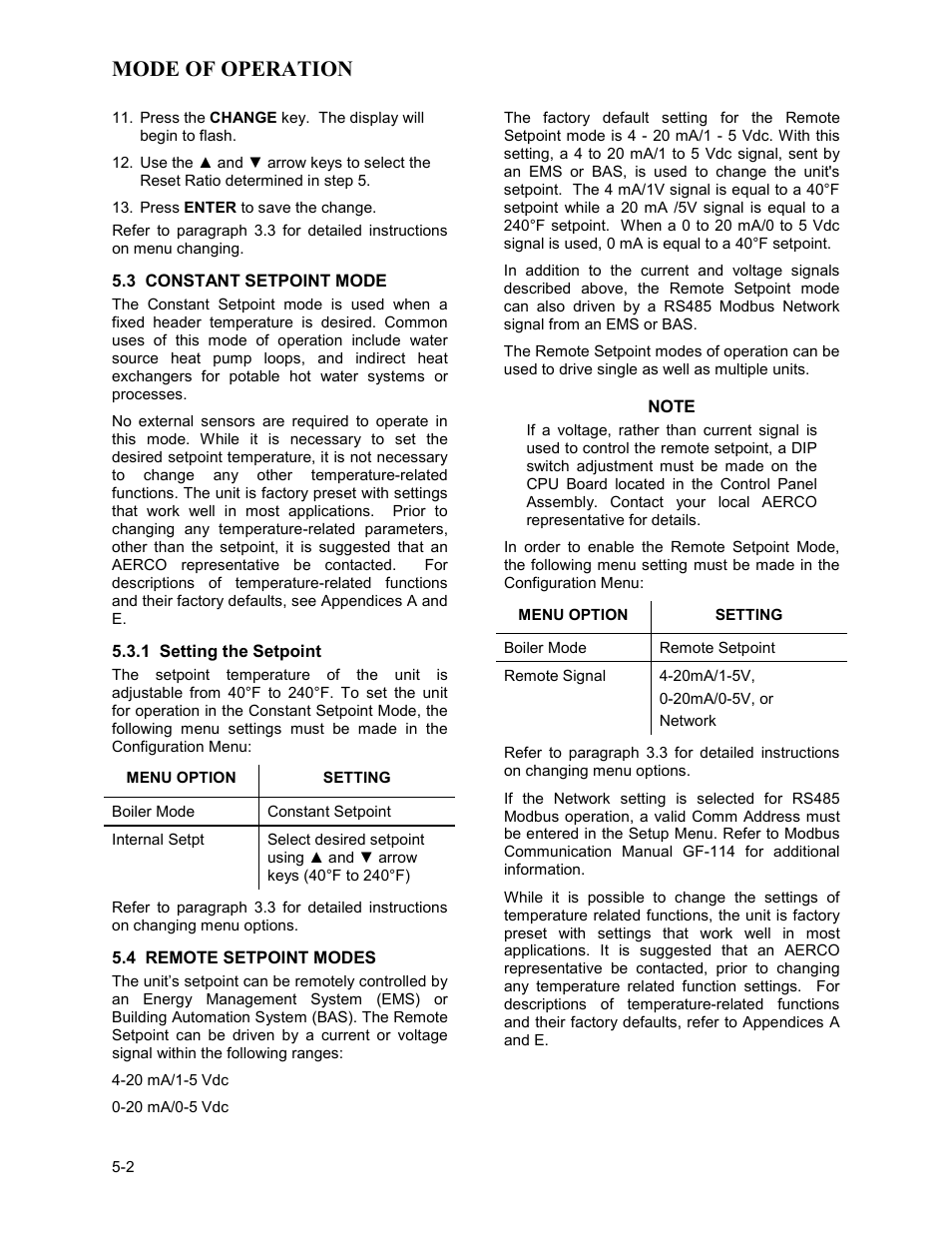 3 constant setpoint mode, 1 setting the setpoint, 4 remote setpoint modes | Mode of operation | AERCO BMK 3.0 LN Dual-Fuel Series Gas Fired Low NOx Boiler System User Manual | Page 44 / 136