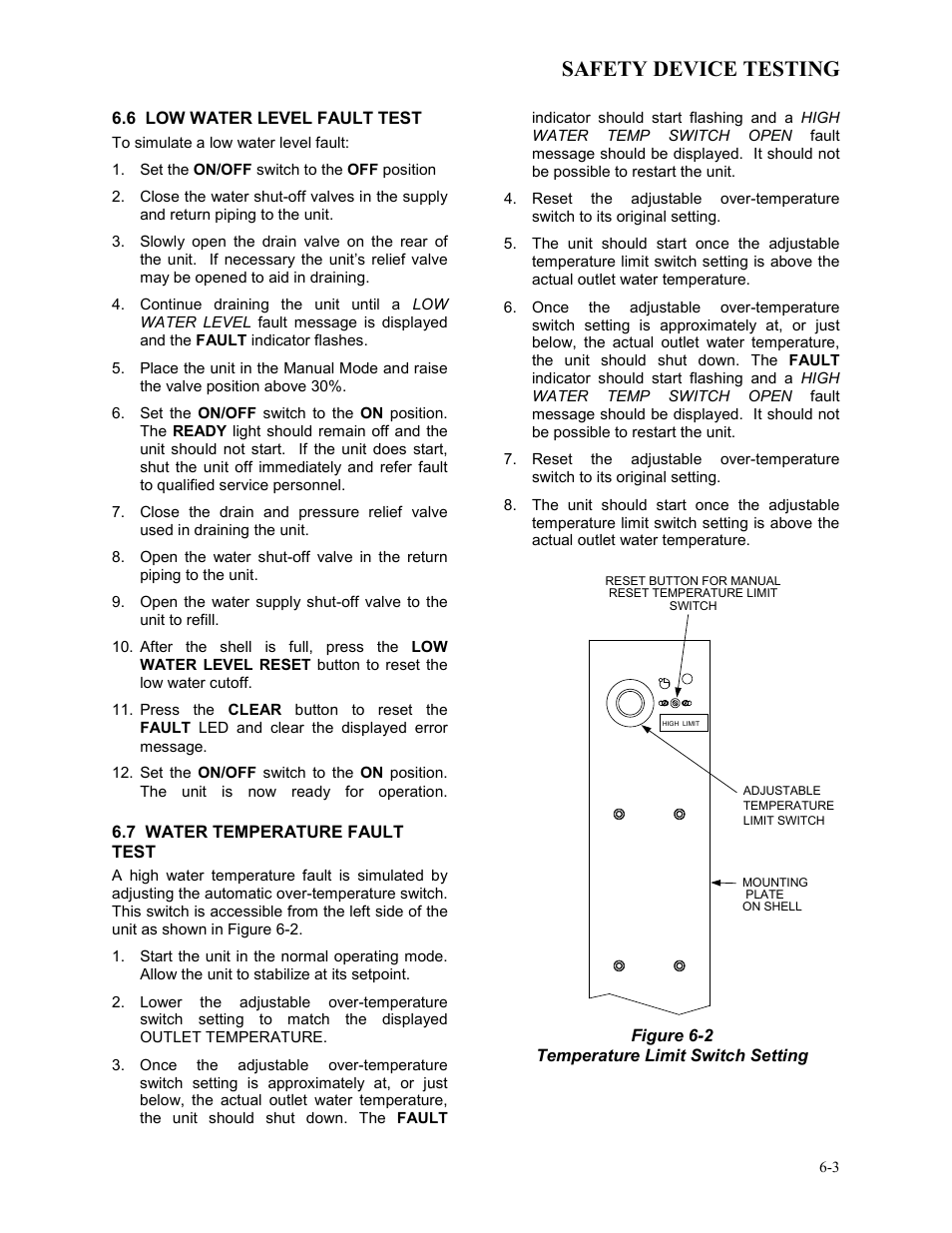 6 low water level fault test, 7 water temperature fault test, Safety device testing | AERCO BMK 3.0 LN Dual-Fuel Series Gas Fired Low NOx Boiler System User Manual | Page 51 / 136