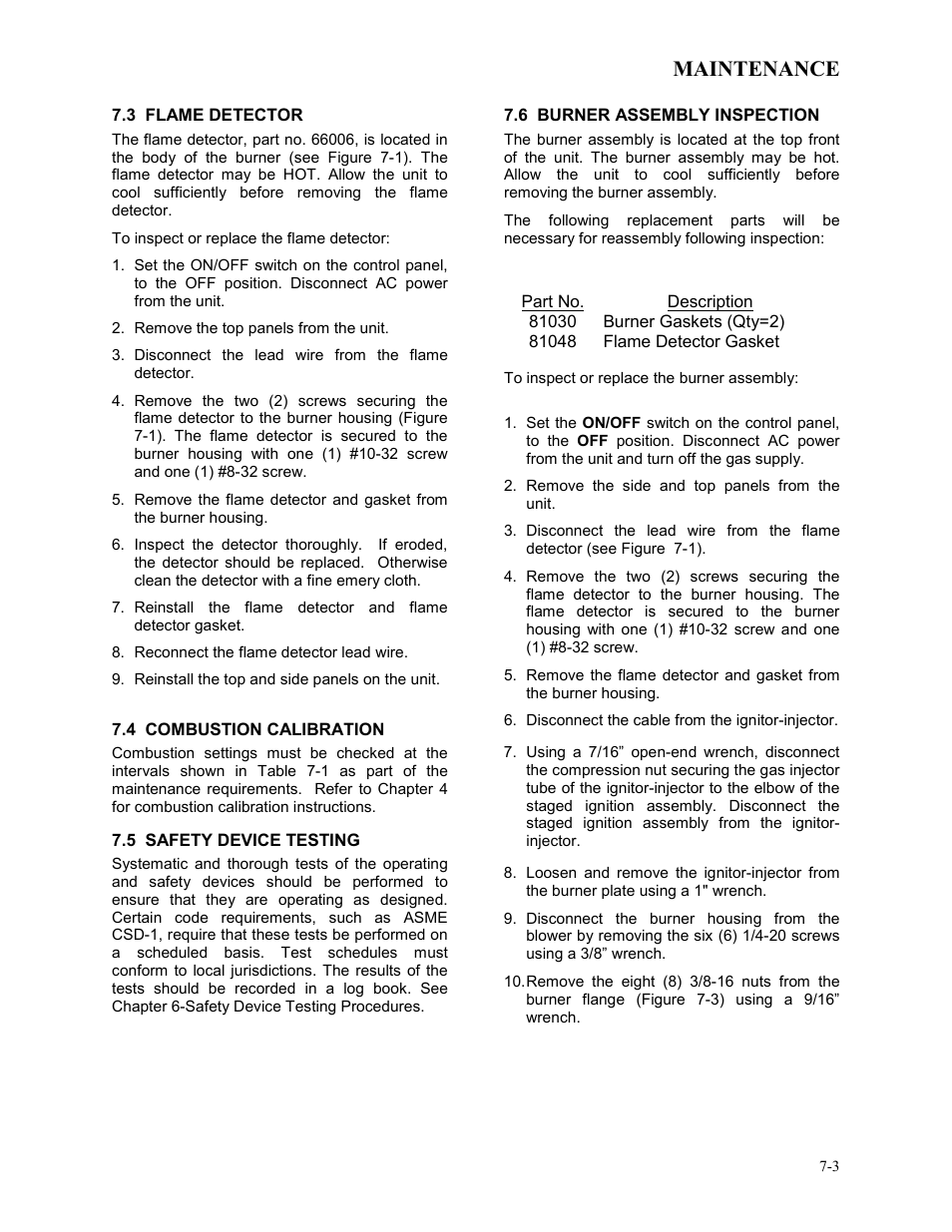 3 flame detector, 4 combustion calibration, 5 safety device testing | 6 burner assembly inspection, Maintenance | AERCO BMK 3.0 LN Dual-Fuel Series Gas Fired Low NOx Boiler System User Manual | Page 59 / 136
