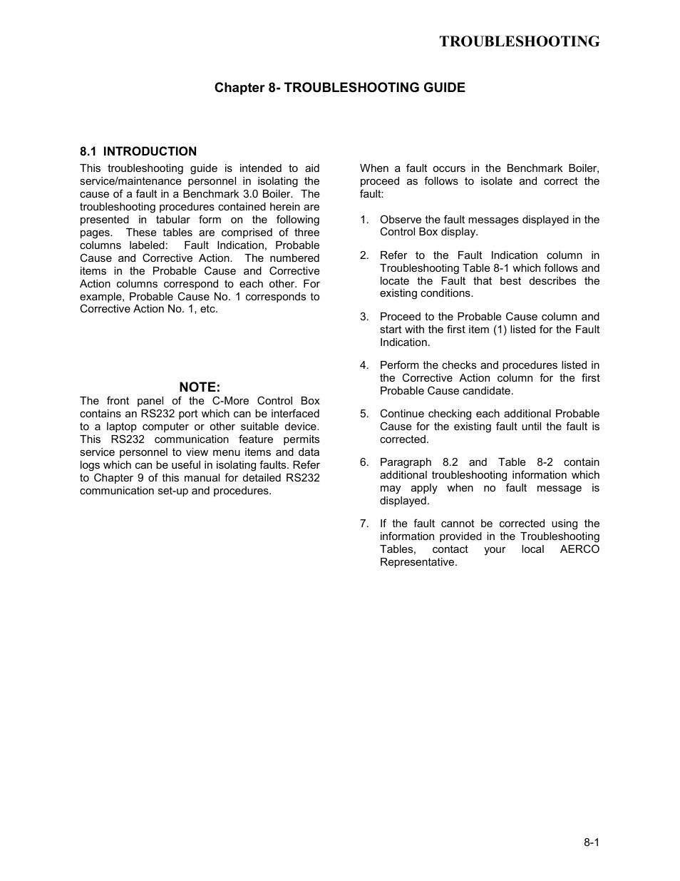 Chapter 8- troubleshooting guide, 1 introduction, Troubleshooting | AERCO BMK 3.0 LN Dual-Fuel Series Gas Fired Low NOx Boiler System User Manual | Page 63 / 136