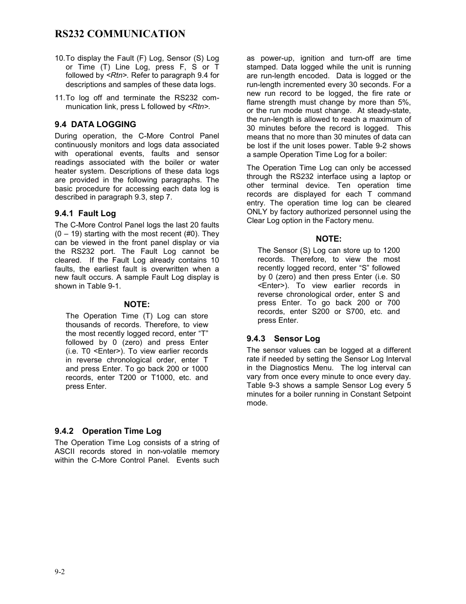 4 data logging, 1 fault log, 2 operation time log | 3 sensor log, Rs232 communication | AERCO BMK 3.0 LN Dual-Fuel Series Gas Fired Low NOx Boiler System User Manual | Page 78 / 136