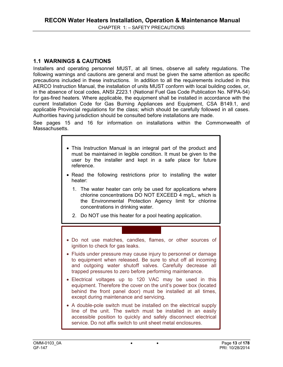 Chapter 1: safety precautions | AERCO RECON 1000 User Manual | Page 13 / 178