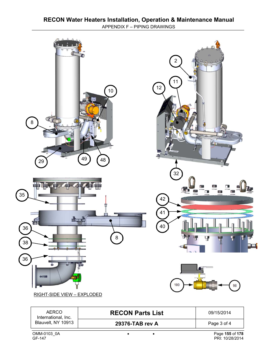 Recon parts list | AERCO RECON 1000 User Manual | Page 155 / 178