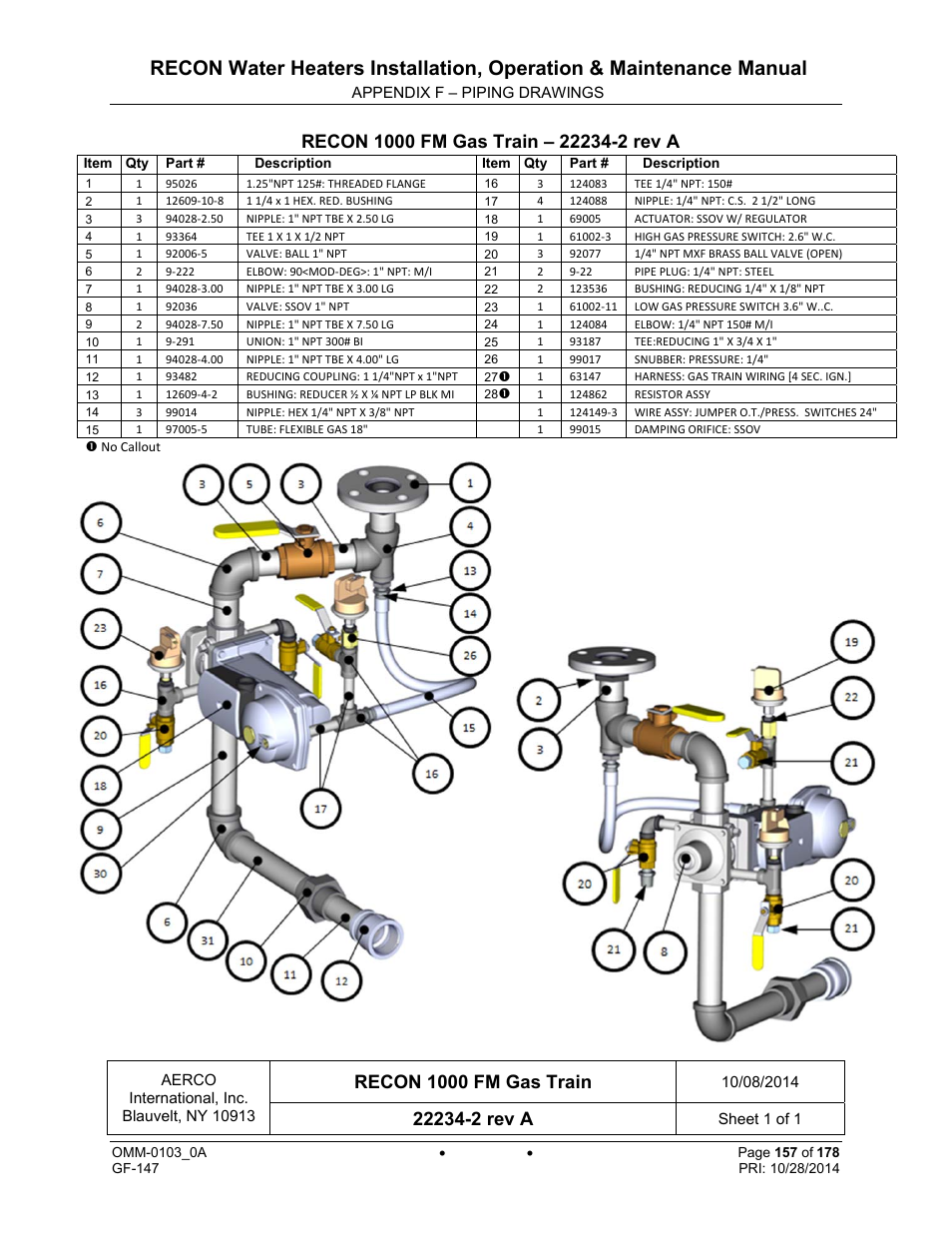 Recon 1000 fm gas train | AERCO RECON 1000 User Manual | Page 157 / 178