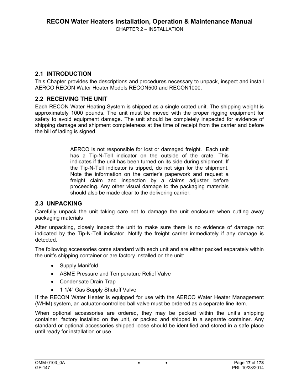 Chapter 2: installation | AERCO RECON 1000 User Manual | Page 17 / 178