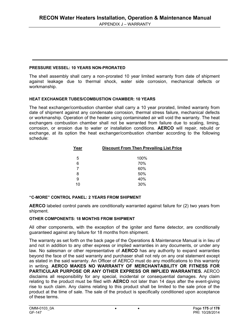 Appendix j – warranty | AERCO RECON 1000 User Manual | Page 175 / 178