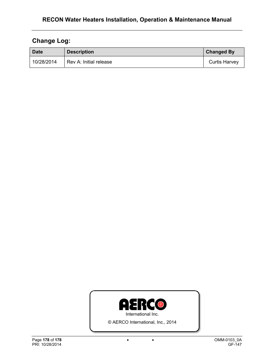 Change log | AERCO RECON 1000 User Manual | Page 178 / 178