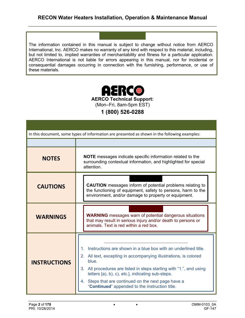 Cautions, Warnings, Instructions | AERCO RECON 1000 User Manual | Page 2 / 178