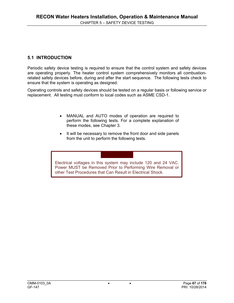 Chapter 5: safety device testing | AERCO RECON 1000 User Manual | Page 67 / 178