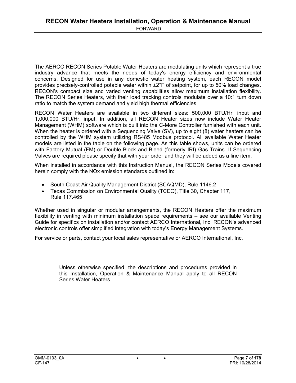 Foreword | AERCO RECON 1000 User Manual | Page 7 / 178