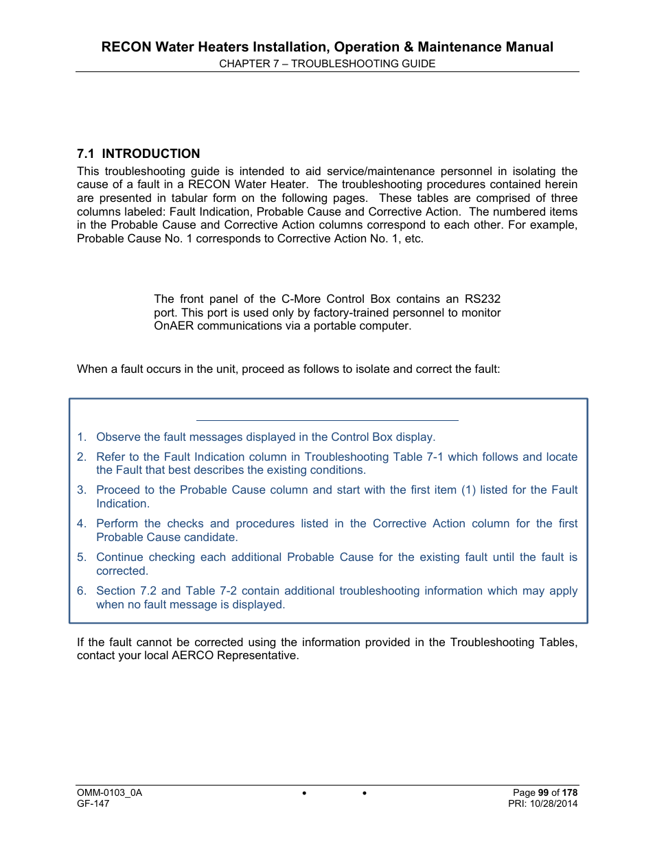 Chapter 7: troubleshooting guide | AERCO RECON 1000 User Manual | Page 99 / 178
