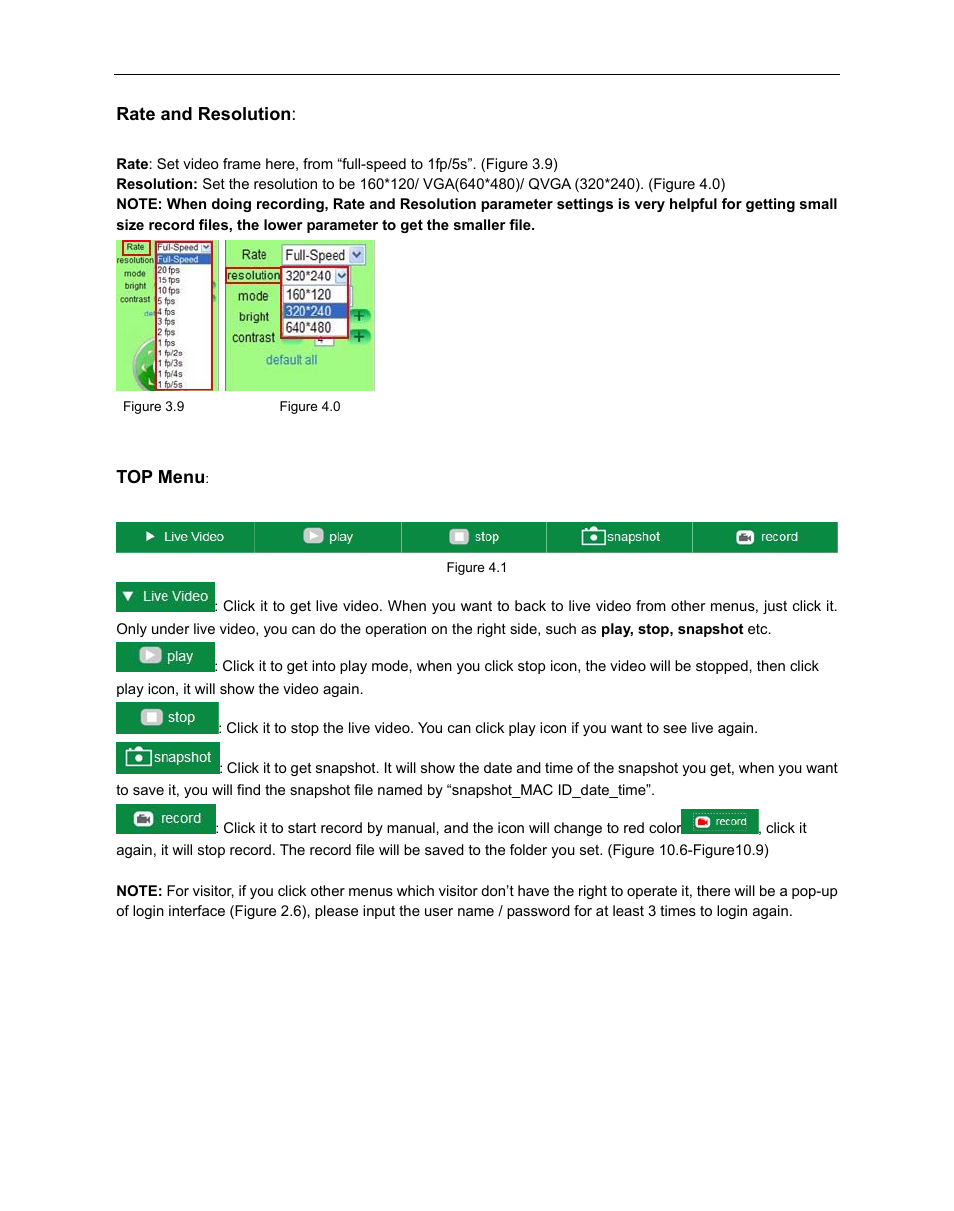 Rate and resolution, Top menu | Agasio A612W User Manual | Page 19 / 52