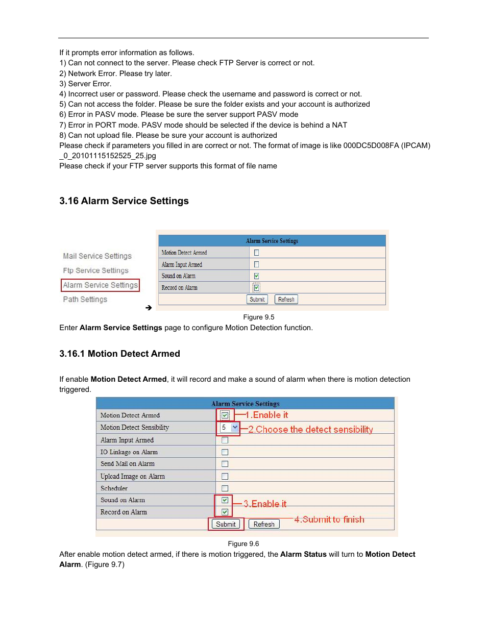 16 alarm service settings, Larm, Ervice | Ettings, 1 motion detect armed | Agasio A612W User Manual | Page 41 / 52