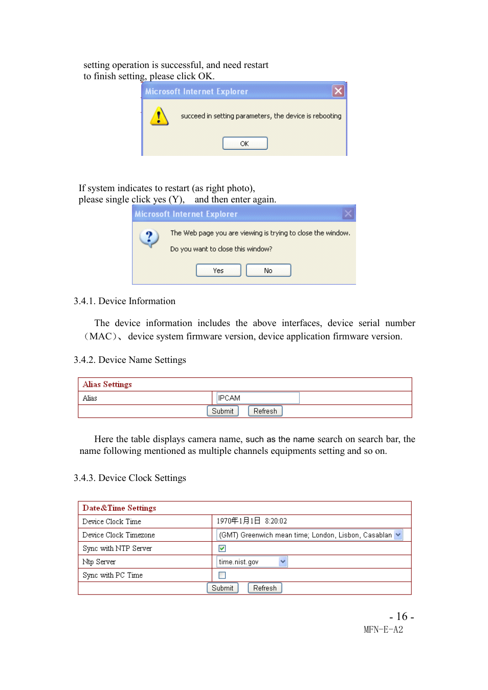 Device information, Device name settings, Device clock settings | Agasio M66I User Manual | Page 16 / 30
