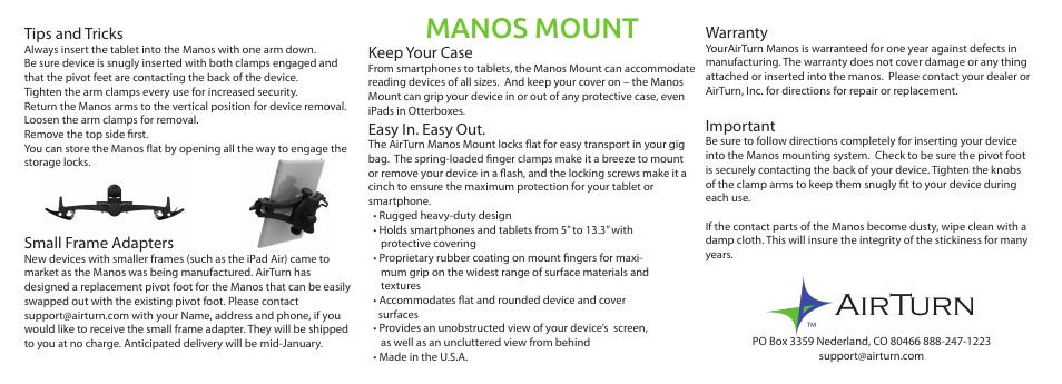 Manos mount, Tips and tricks, Small frame adapters | Keep your case, Easy in. easy out, Warranty, Important | AirTurn MANOS User Manual | Page 2 / 2