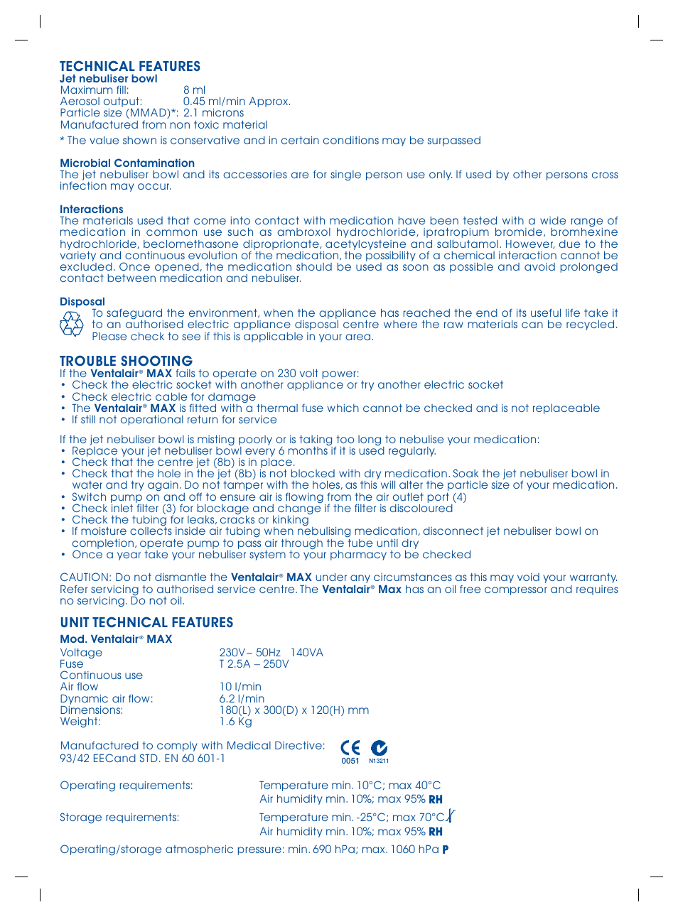 Technical features, Trouble shooting, Unit technical features | Allersearch Ventalair Max User Manual | Page 3 / 4