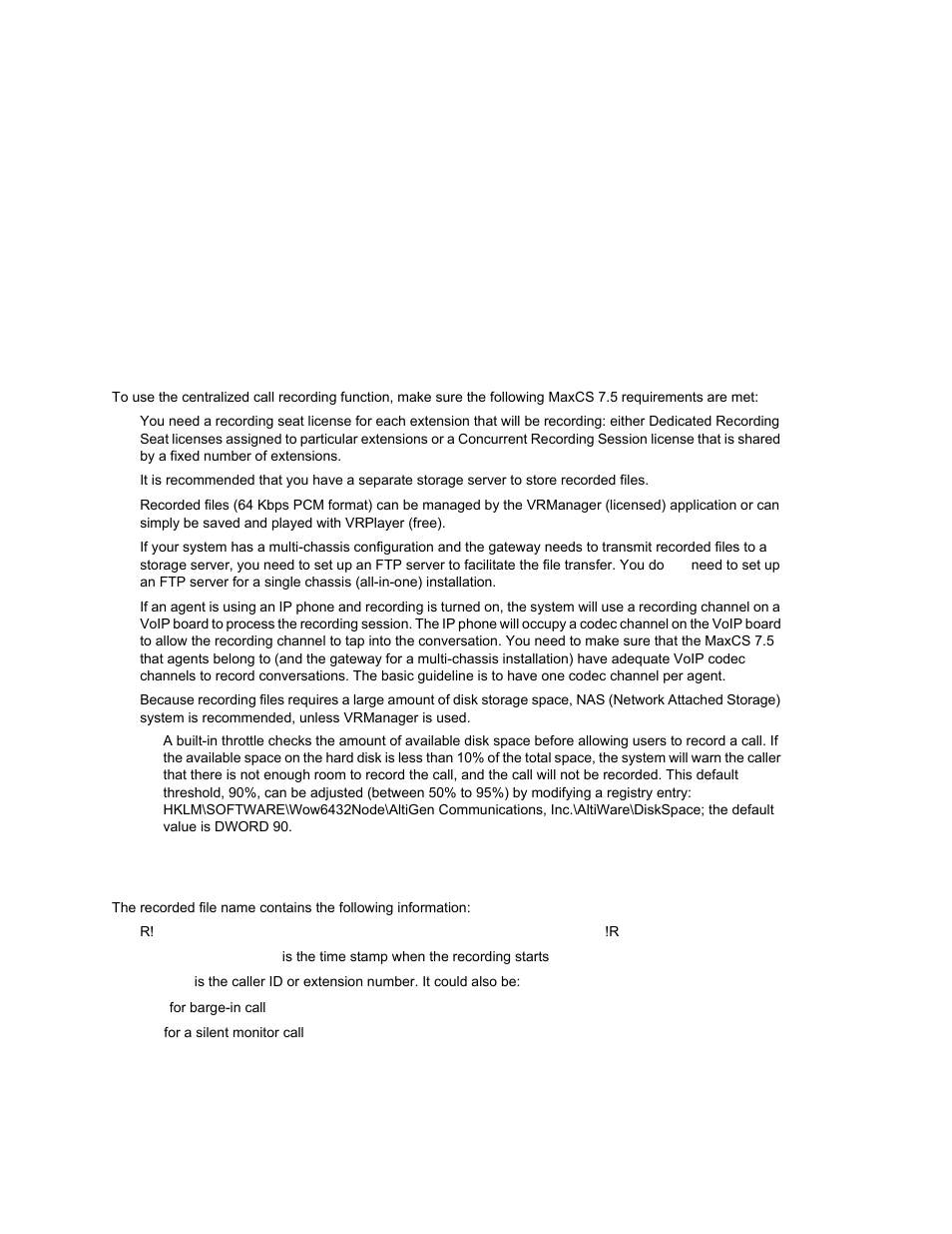 Call recording configuration, Description of the recorded file name, Hapter | AltiGen MAXCS 7.0 Update 1 ACM Administration User Manual | Page 115 / 446