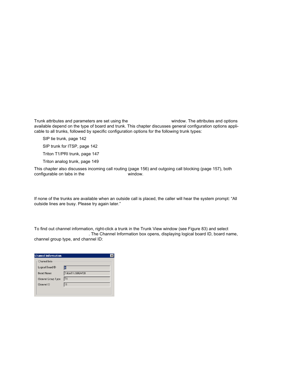 Trunk configuration, Trunks out of service, Channel identification | Hapter, Trunks out of service channel identification | AltiGen MAXCS 7.0 Update 1 ACM Administration User Manual | Page 153 / 446