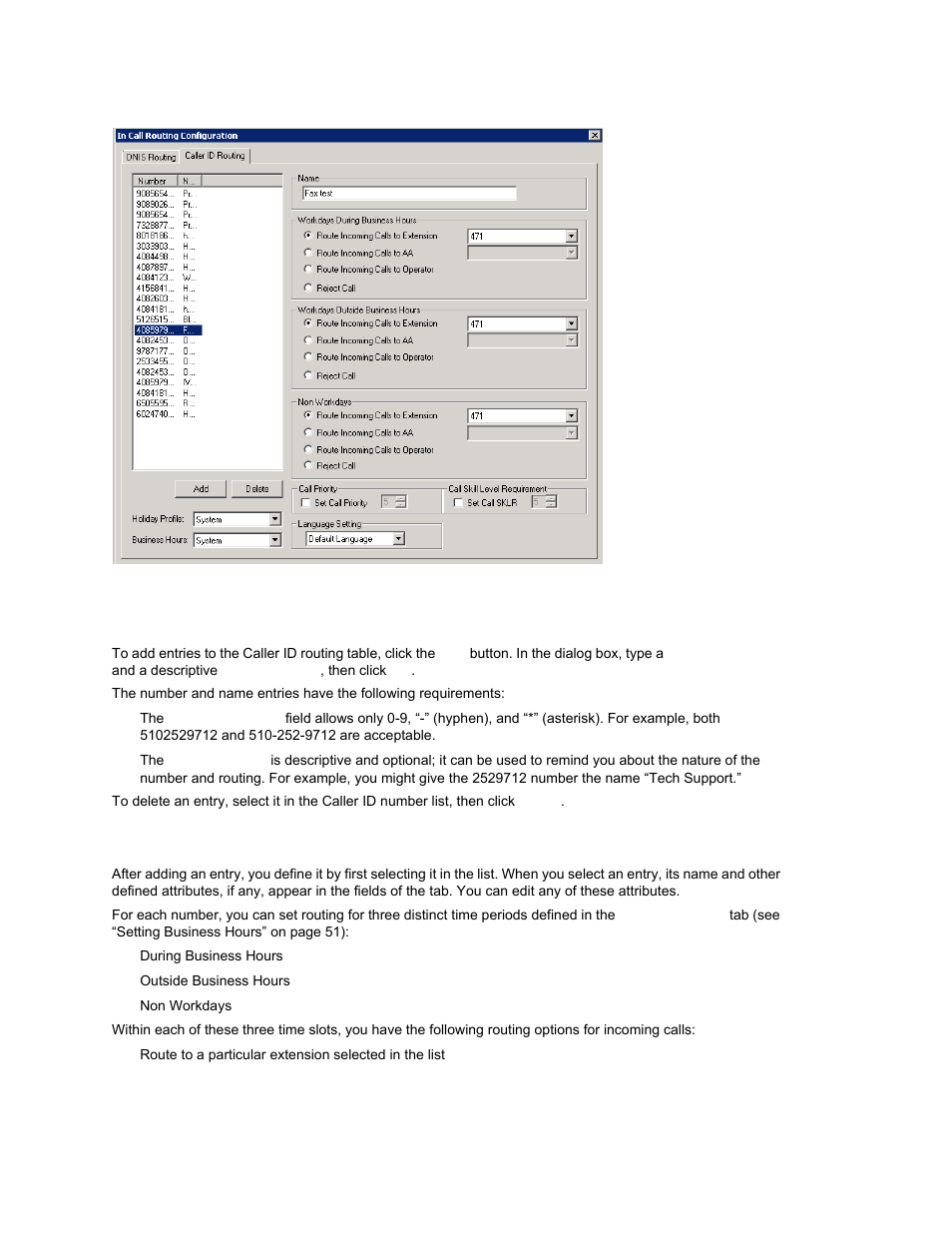 Adding and deleting caller id route entries, Defining caller id routing | AltiGen MAXCS 7.0 Update 1 ACM Administration User Manual | Page 176 / 446