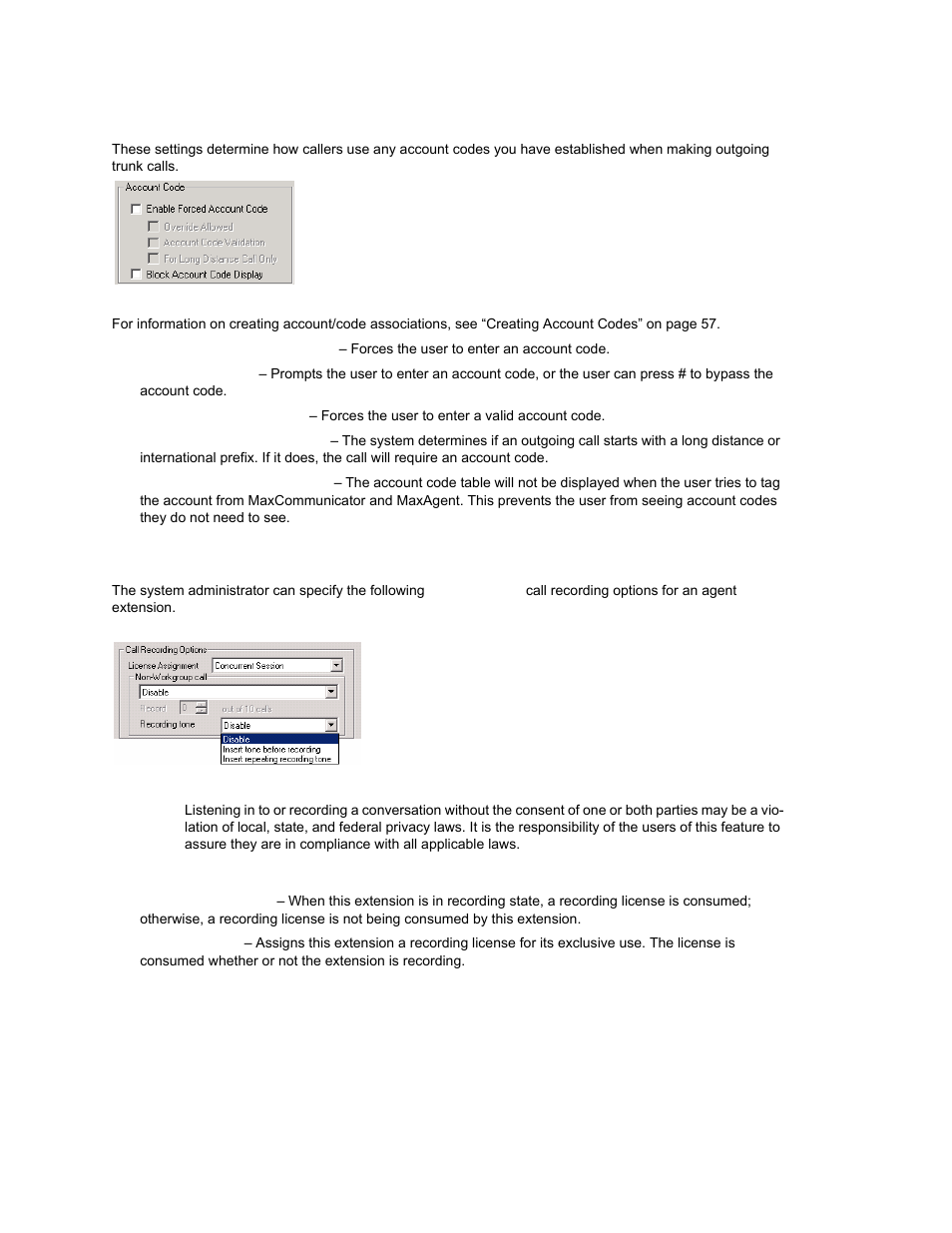 Account code, Call recording options, Account code call recording options | AltiGen MAXCS 7.0 Update 1 ACM Administration User Manual | Page 195 / 446