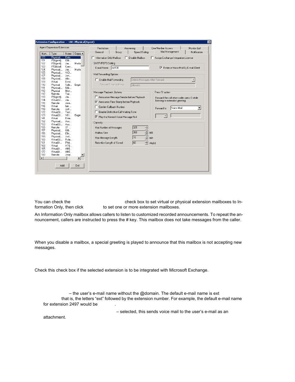 Setting an information-only mailbox, Disabling a mailbox, Assign exchange integration license | Smtp/pop3 setting | AltiGen MAXCS 7.0 Update 1 ACM Administration User Manual | Page 204 / 446