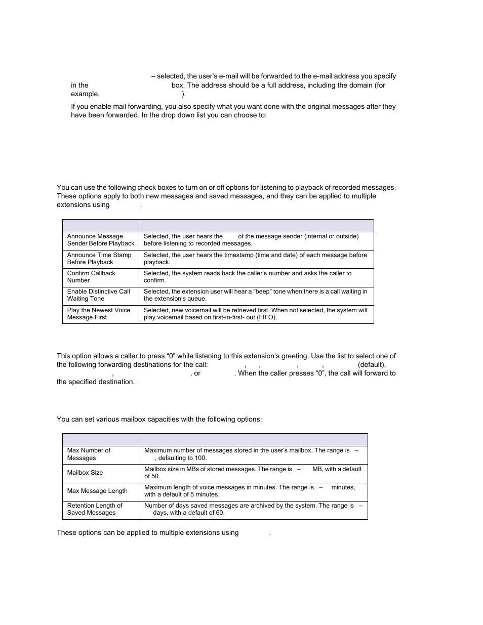 Mail forwarding options, Setting message playback options, Press zero option | Setting mailbox capacities | AltiGen MAXCS 7.0 Update 1 ACM Administration User Manual | Page 205 / 446