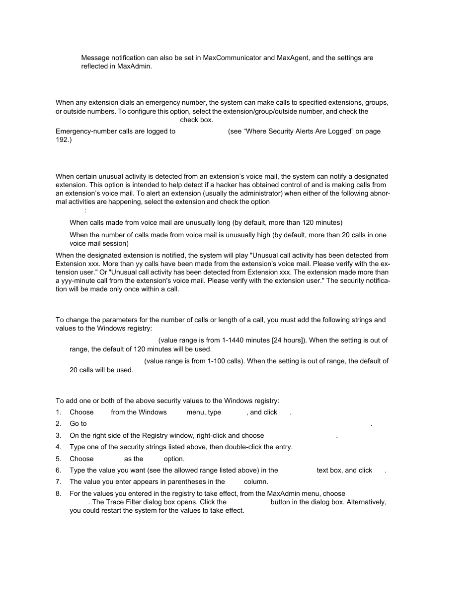 Emergency notification, Unusual vm activity notification, Setting parameters for unusual vm activity | Adding security values to the registry | AltiGen MAXCS 7.0 Update 1 ACM Administration User Manual | Page 207 / 446