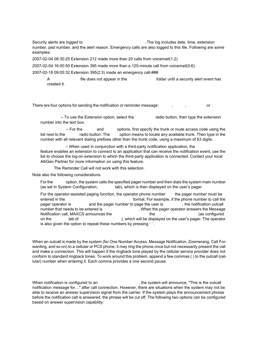 Where security alerts are logged, Setting the type of notification, Outcall to cellular or pcs phone numbers | Setting notification timing | AltiGen MAXCS 7.0 Update 1 ACM Administration User Manual | Page 208 / 446