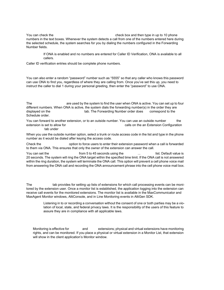 Setting caller id verification, Using a password verification, Specifying forwarding numbers | Setting up monitor lists, Restrictions and defaults | AltiGen MAXCS 7.0 Update 1 ACM Administration User Manual | Page 216 / 446
