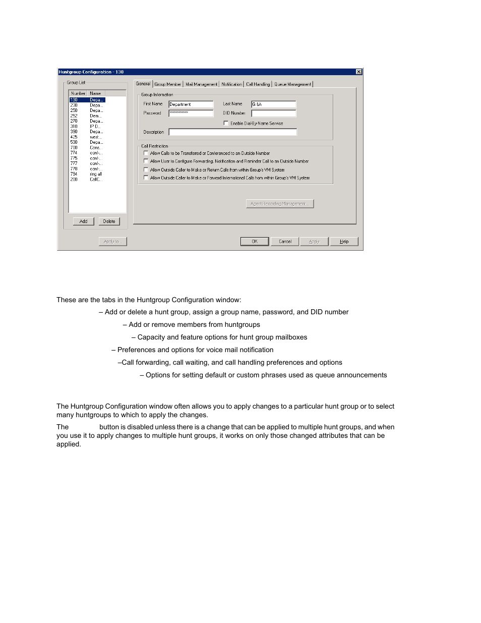 Overview of huntgroup configuration window, Apply to button | AltiGen MAXCS 7.0 Update 1 ACM Administration User Manual | Page 246 / 446