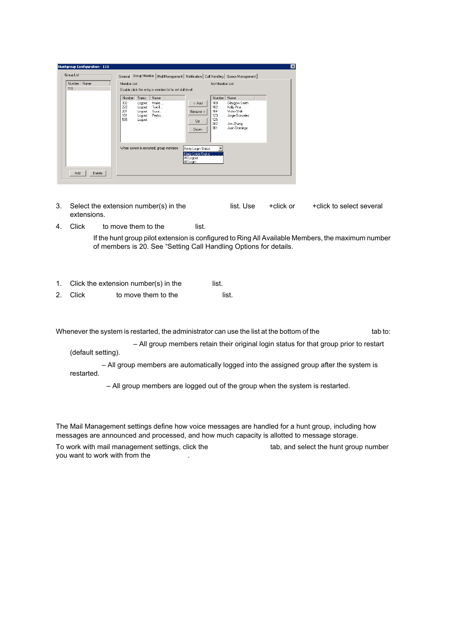 Removing extensions from a hunt group, Setting login status for system restart, Setting hunt group mail management | AltiGen MAXCS 7.0 Update 1 ACM Administration User Manual | Page 249 / 446