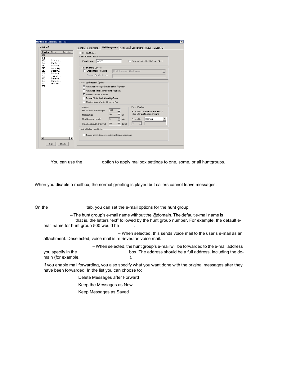 Disabling a mailbox, Setting e-mail options, Disabling a mailbox setting e-mail options | AltiGen MAXCS 7.0 Update 1 ACM Administration User Manual | Page 250 / 446