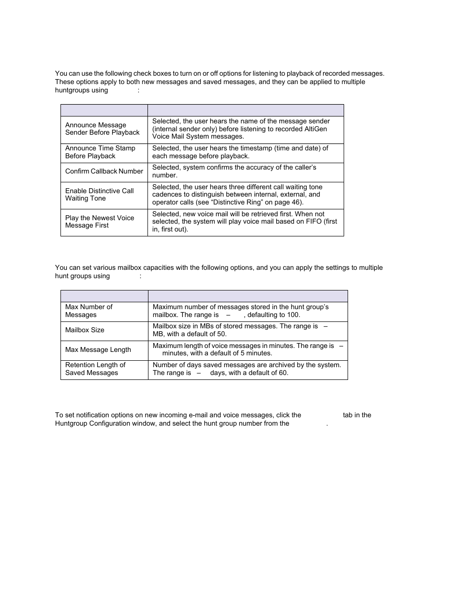 Setting mailbox playback options, Setting mailbox capacities, Setting message notification options | AltiGen MAXCS 7.0 Update 1 ACM Administration User Manual | Page 251 / 446