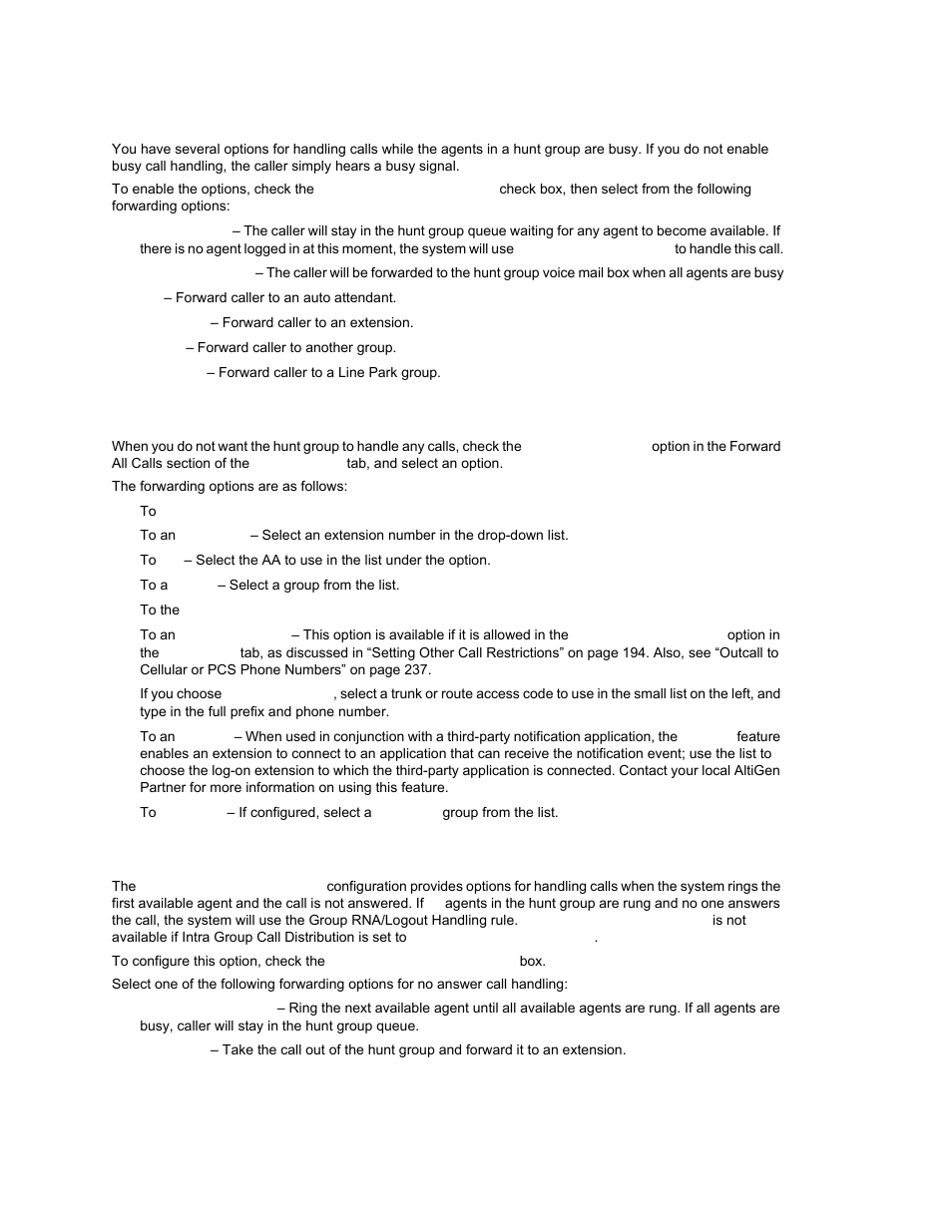 Handling busy calls, Forwarding all calls, Handling unanswered calls | AltiGen MAXCS 7.0 Update 1 ACM Administration User Manual | Page 255 / 446