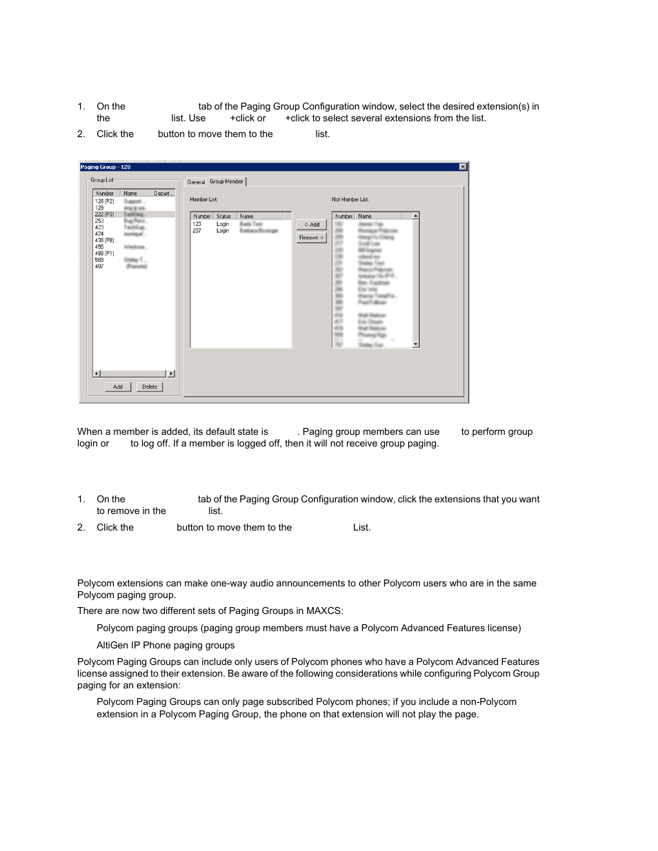 Adding members to a paging group, Removing members from a paging group, Polycom paging groups | AltiGen MAXCS 7.0 Update 1 ACM Administration User Manual | Page 261 / 446