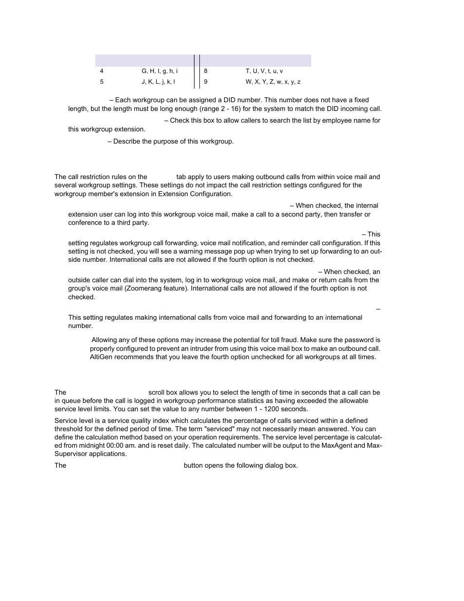 Setting call restrictions, Service level threshold, Setting call restrictions service level threshold | AltiGen MAXCS 7.0 Update 1 ACM Administration User Manual | Page 271 / 446