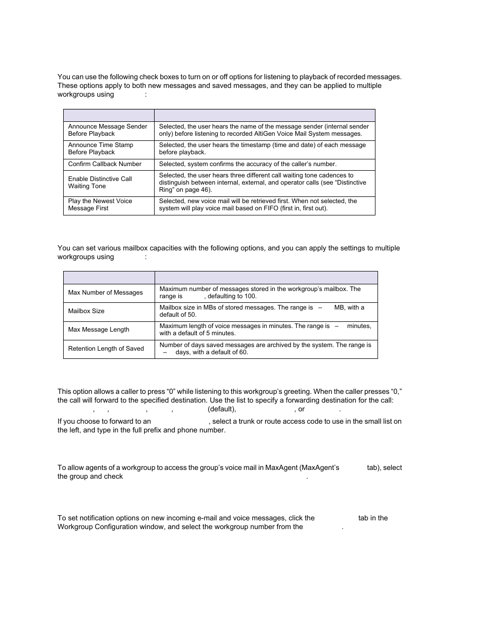 Setting mailbox playback options, Setting mailbox capacities, Press zero option | Voice mail access option, Setting message notification options | AltiGen MAXCS 7.0 Update 1 ACM Administration User Manual | Page 282 / 446