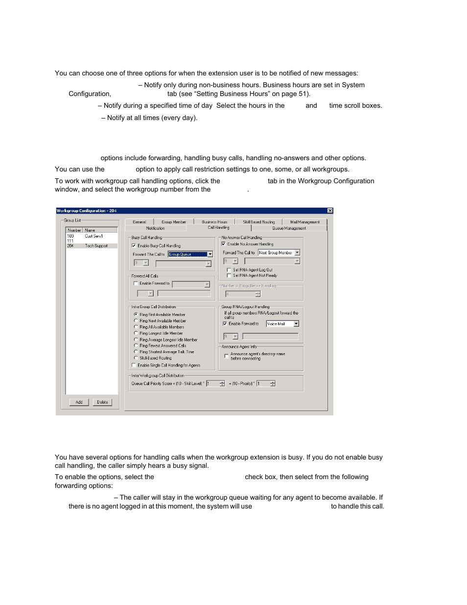 Setting notification business hours, Setting call handling options, Handling busy calls | AltiGen MAXCS 7.0 Update 1 ACM Administration User Manual | Page 285 / 446