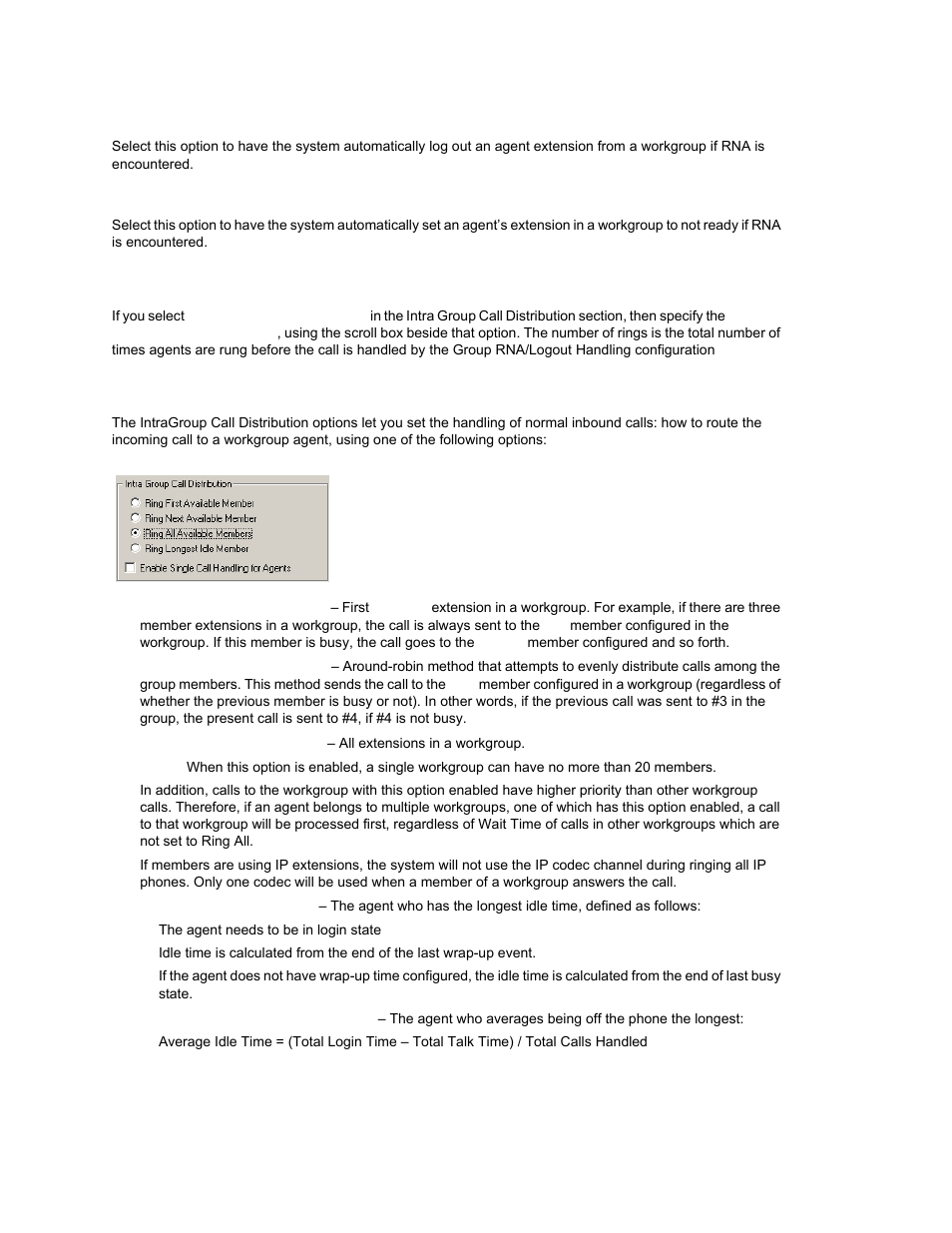 Set rna agent auto logout check box, Set rna agent not ready check box, Number of rings before handling | Setting intragroup call distribution, See “setting | AltiGen MAXCS 7.0 Update 1 ACM Administration User Manual | Page 287 / 446